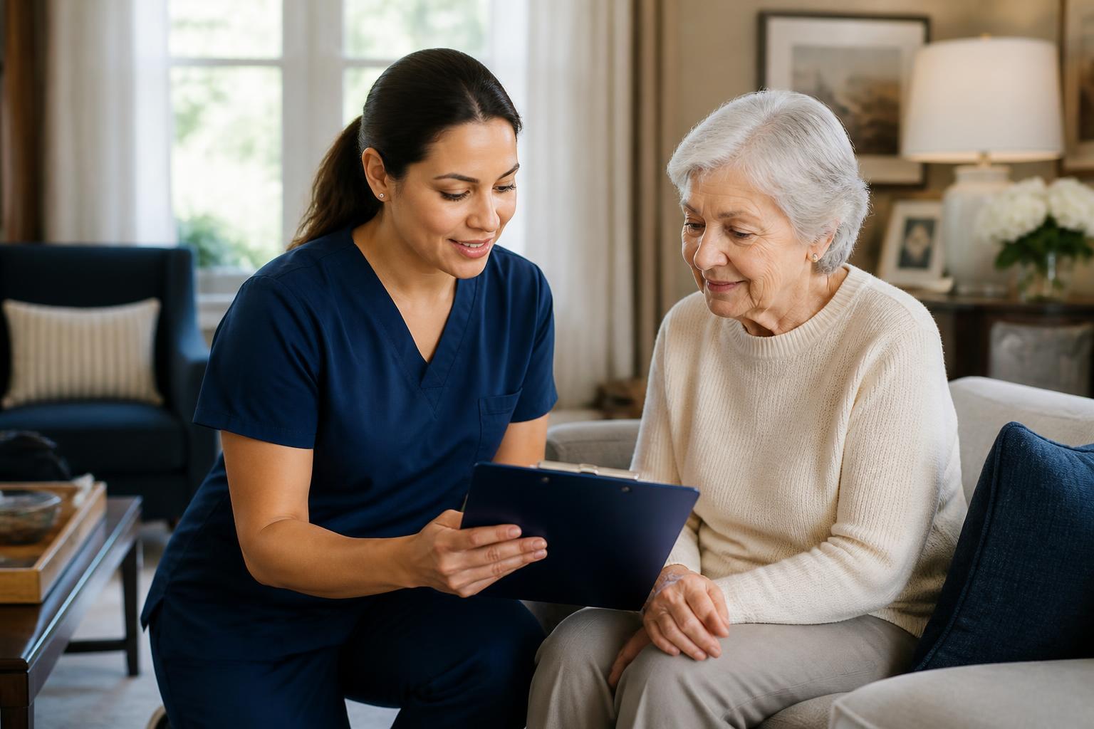 A wound care nurse reviewing a care plan with an elderly patient at home