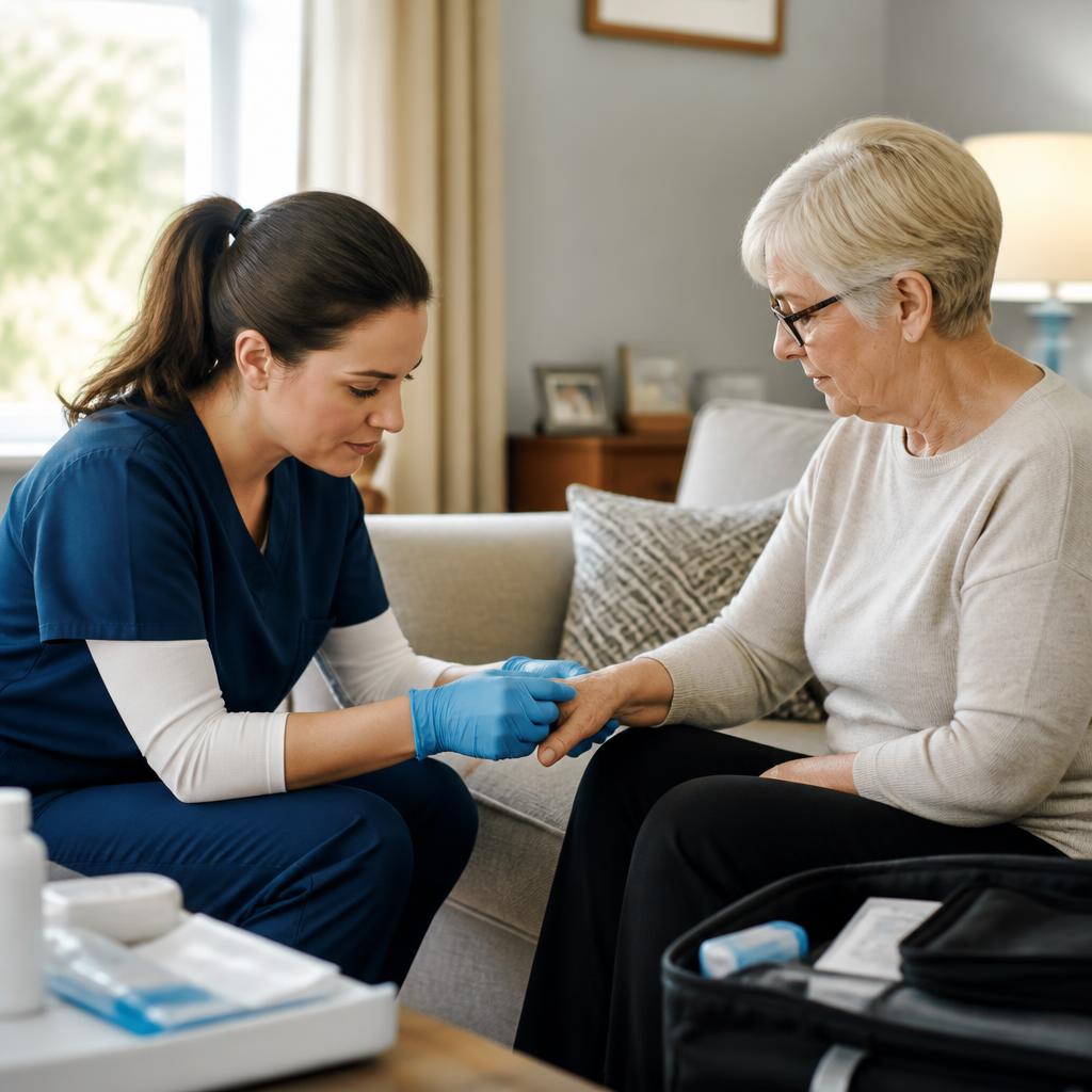 A wound care specialist gently examining a senior patient's hand during an in-home visit