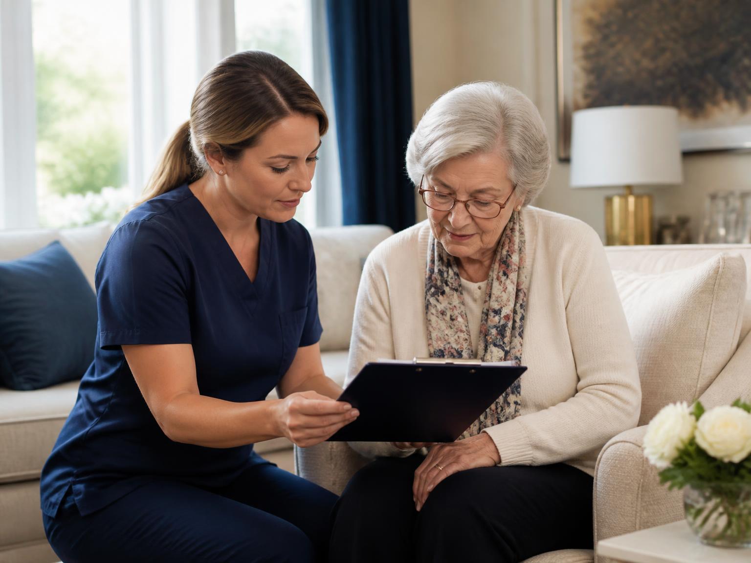 A wound care nurse reviewing a care plan with a patient at home