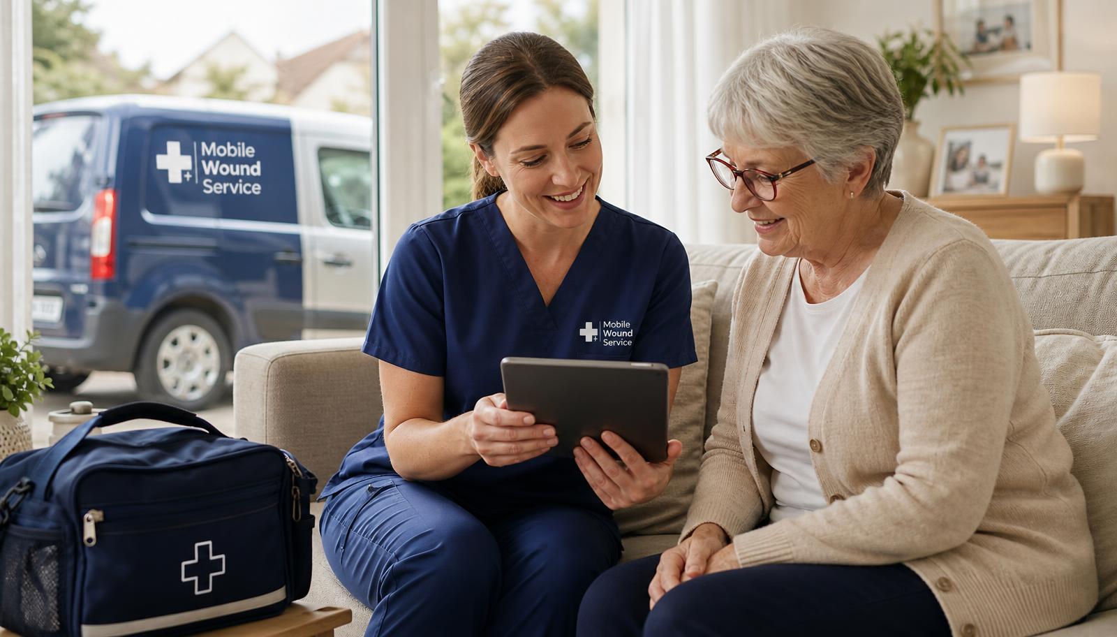 A Mobile Wound Service clinician reviewing a care plan with a patient at home