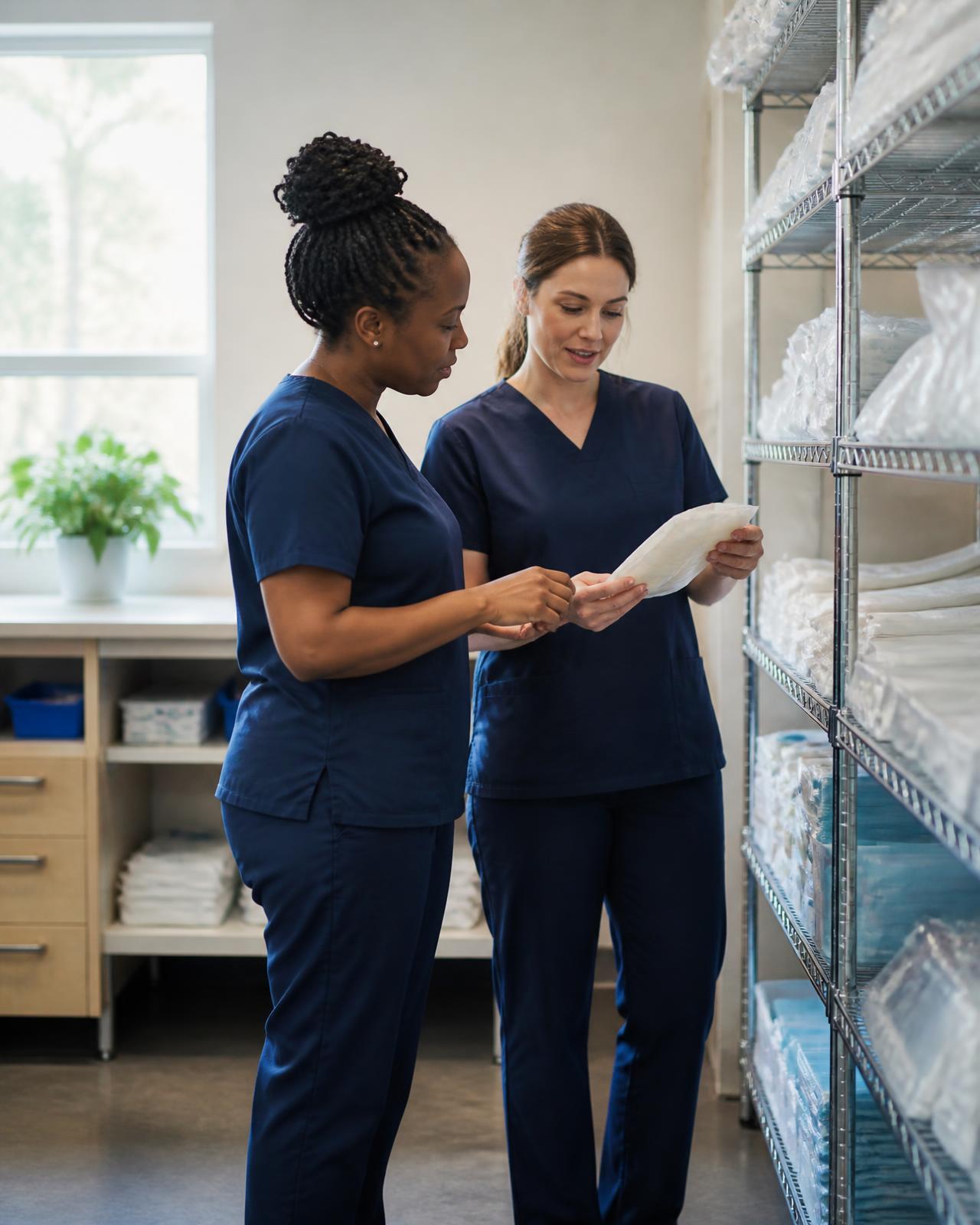 Clinical staff reviewing wound care supplies inside a care facility