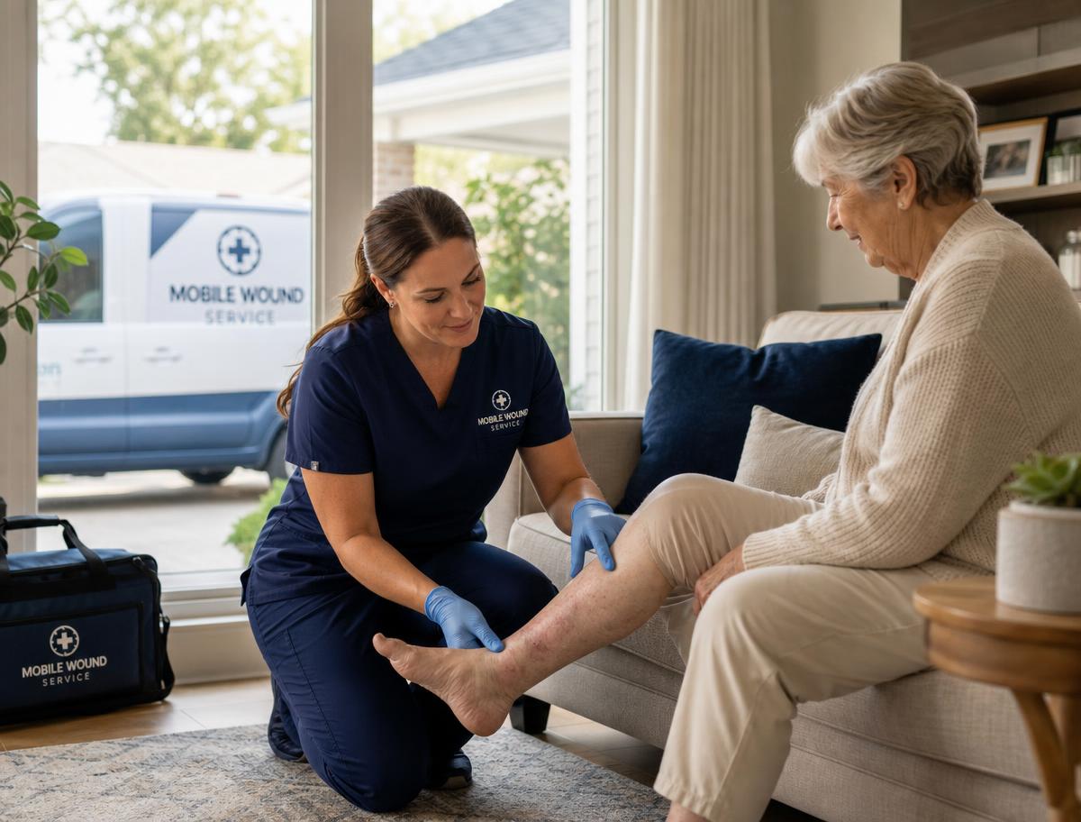A Mobile Wound Service clinician examining a patient's leg during an in-home visit, with the branded care van visible outside