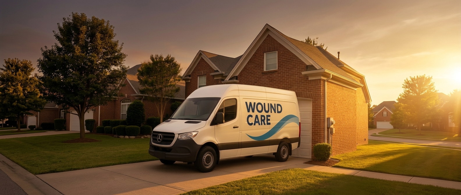 The Mobile Wound Service van pulling into a residential driveway at sunset