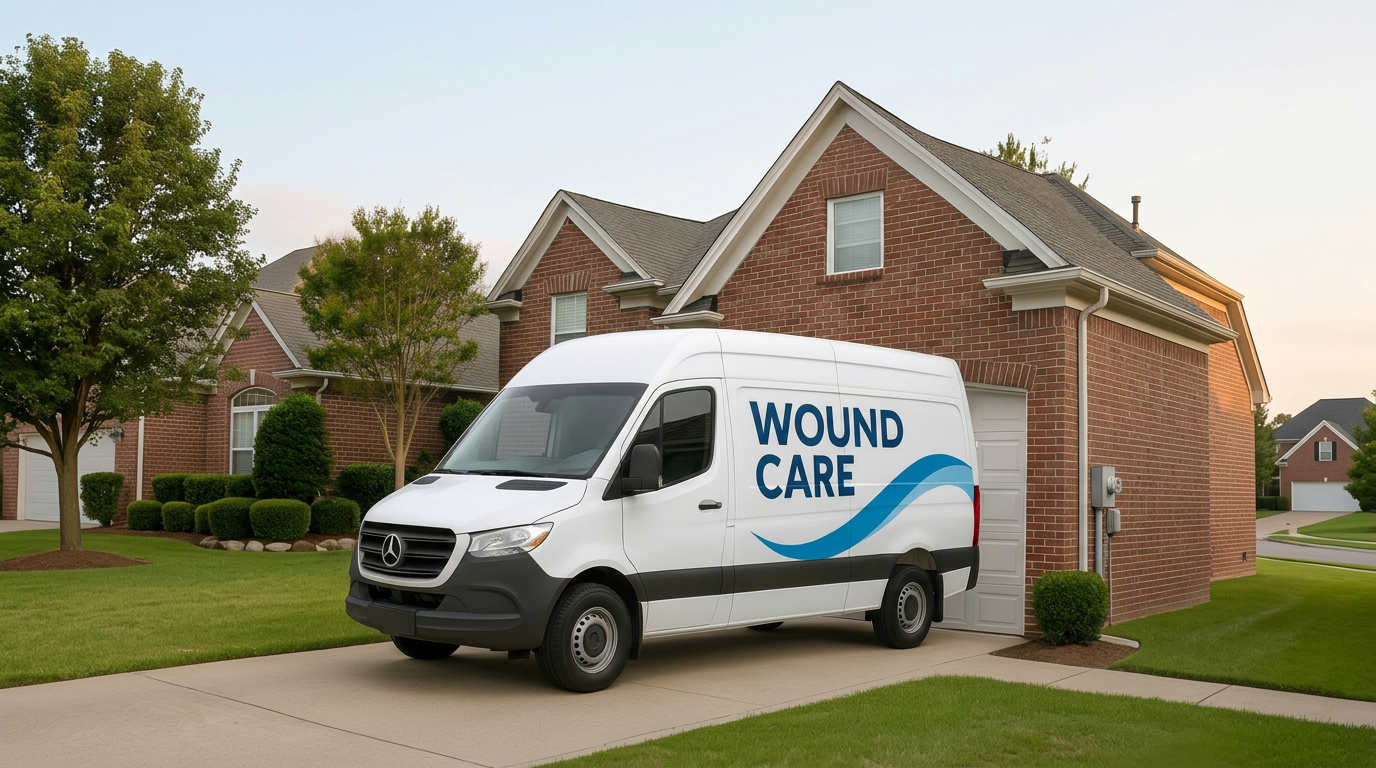 The branded Mobile Wound Care Service van parked in a residential driveway